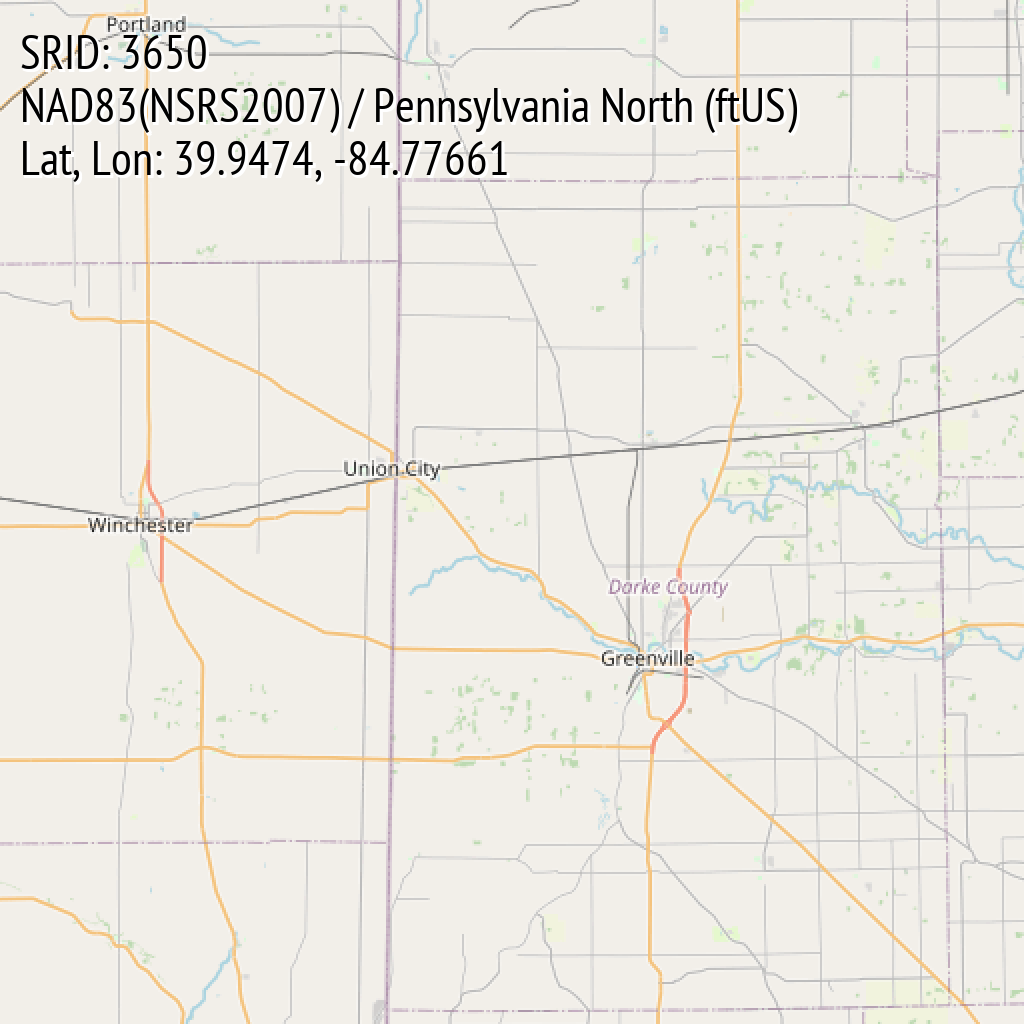 NAD83(NSRS2007) / Pennsylvania North (ftUS) (SRID: 3650, Lat, Lon: 39.9474, -84.77661)