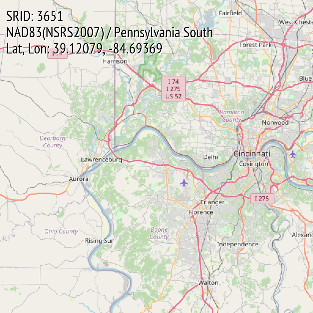 NAD83(NSRS2007) / Pennsylvania South (SRID: 3651, Lat, Lon: 39.12079, -84.69369)