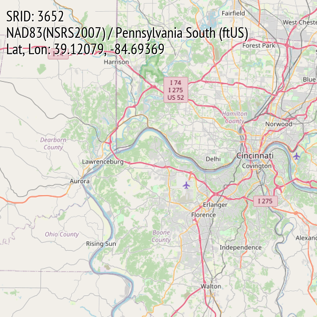 NAD83(NSRS2007) / Pennsylvania South (ftUS) (SRID: 3652, Lat, Lon: 39.12079, -84.69369)