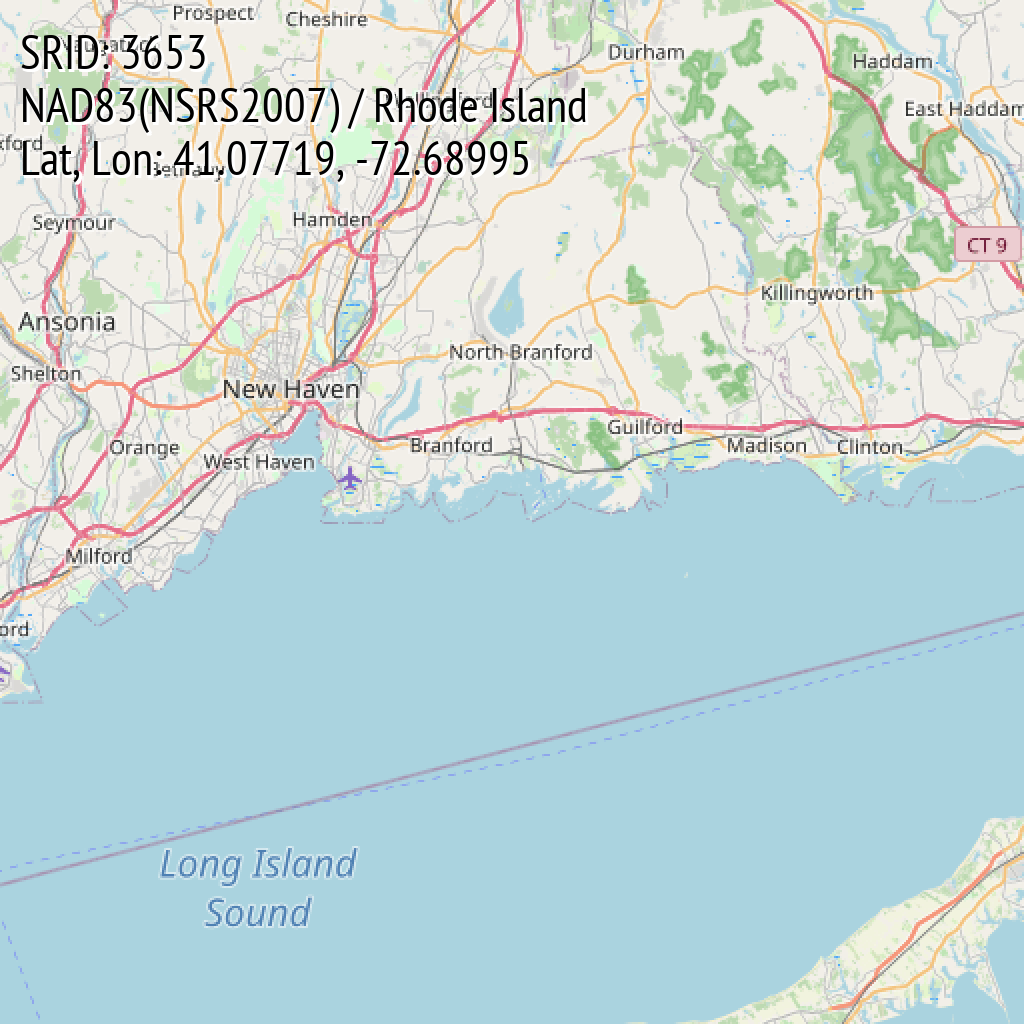 NAD83(NSRS2007) / Rhode Island (SRID: 3653, Lat, Lon: 41.07719, -72.68995)