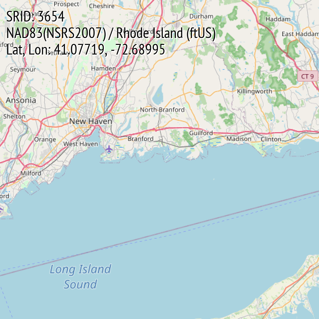 NAD83(NSRS2007) / Rhode Island (ftUS) (SRID: 3654, Lat, Lon: 41.07719, -72.68995)
