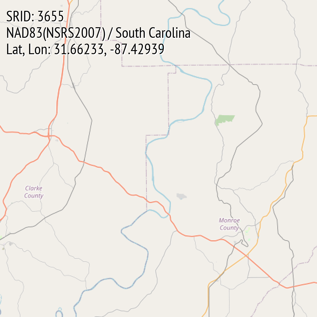 NAD83(NSRS2007) / South Carolina (SRID: 3655, Lat, Lon: 31.66233, -87.42939)