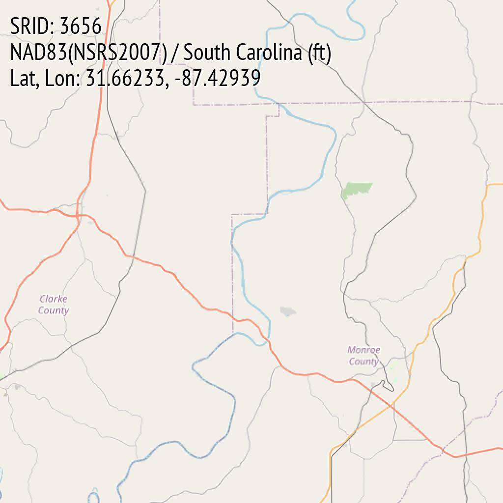 NAD83(NSRS2007) / South Carolina (ft) (SRID: 3656, Lat, Lon: 31.66233, -87.42939)