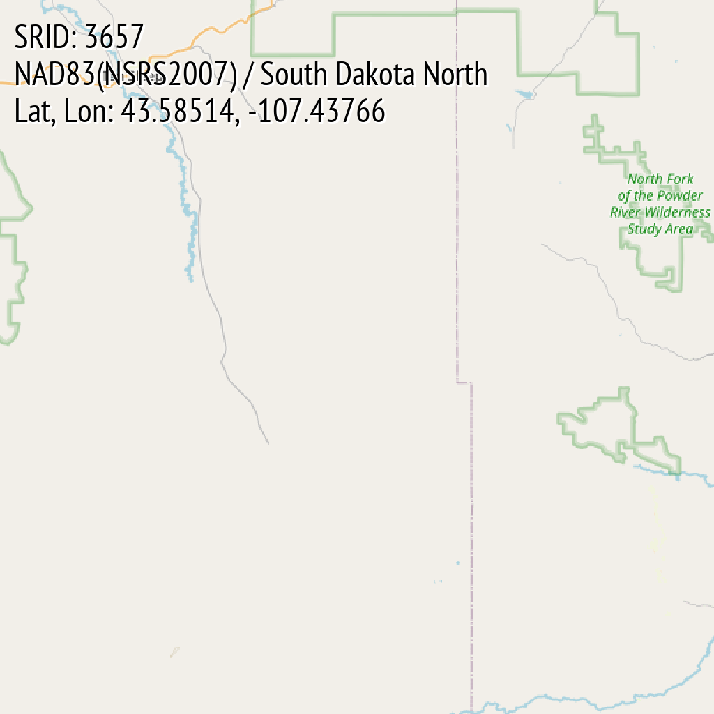 NAD83(NSRS2007) / South Dakota North (SRID: 3657, Lat, Lon: 43.58514, -107.43766)