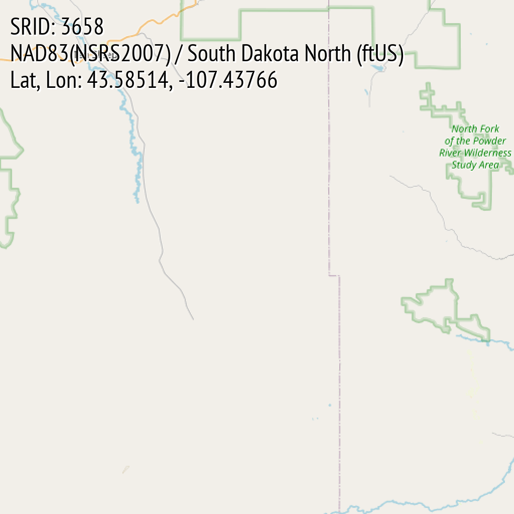 NAD83(NSRS2007) / South Dakota North (ftUS) (SRID: 3658, Lat, Lon: 43.58514, -107.43766)