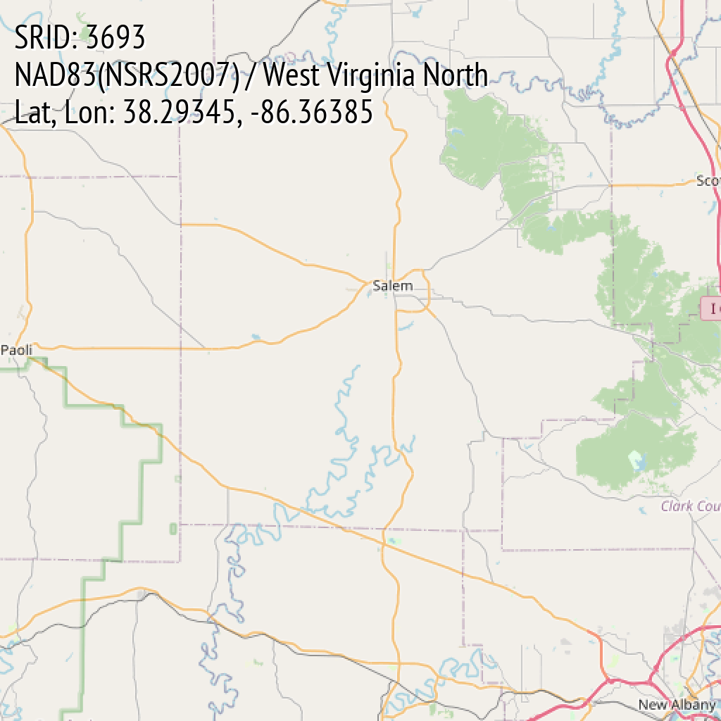 NAD83(NSRS2007) / West Virginia North (SRID: 3693, Lat, Lon: 38.29345, -86.36385)