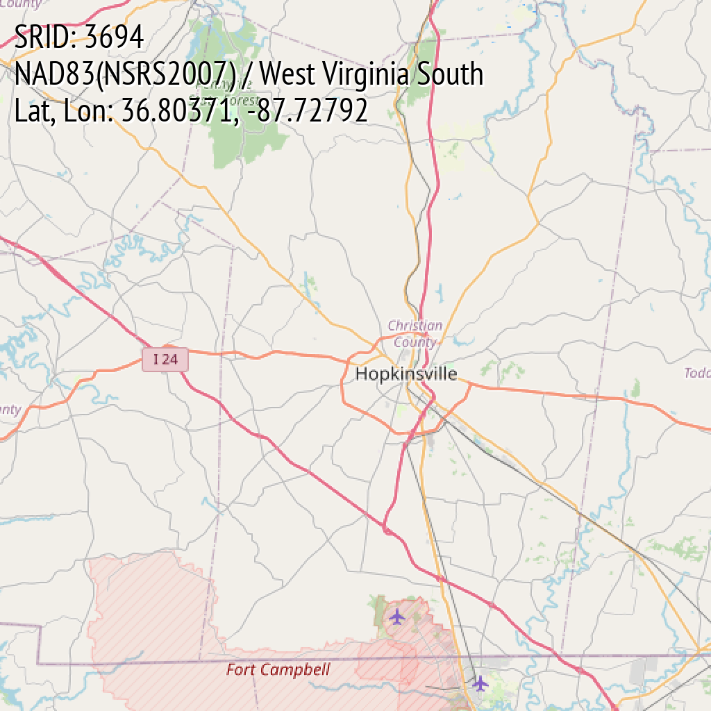 NAD83(NSRS2007) / West Virginia South (SRID: 3694, Lat, Lon: 36.80371, -87.72792)