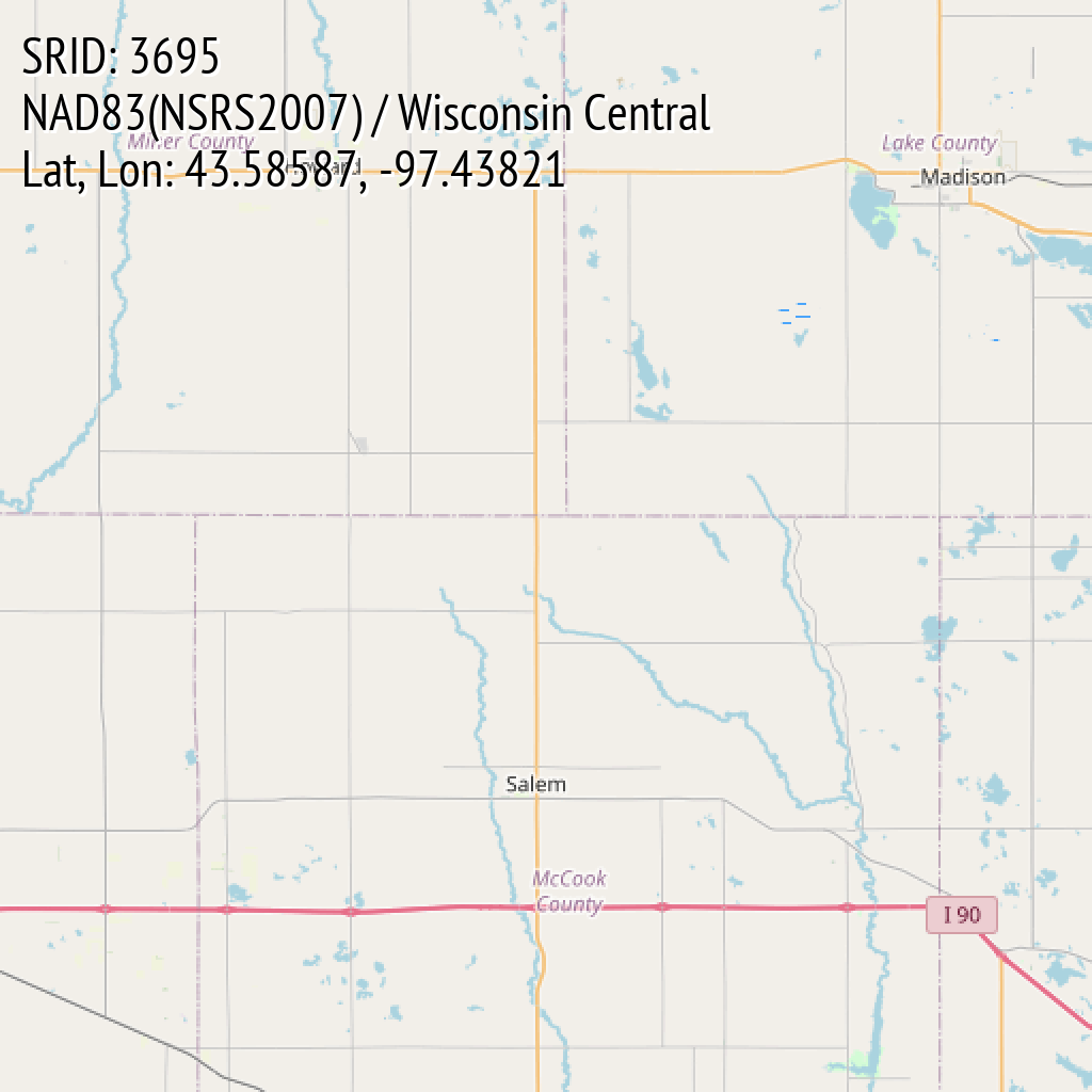 NAD83(NSRS2007) / Wisconsin Central (SRID: 3695, Lat, Lon: 43.58587, -97.43821)
