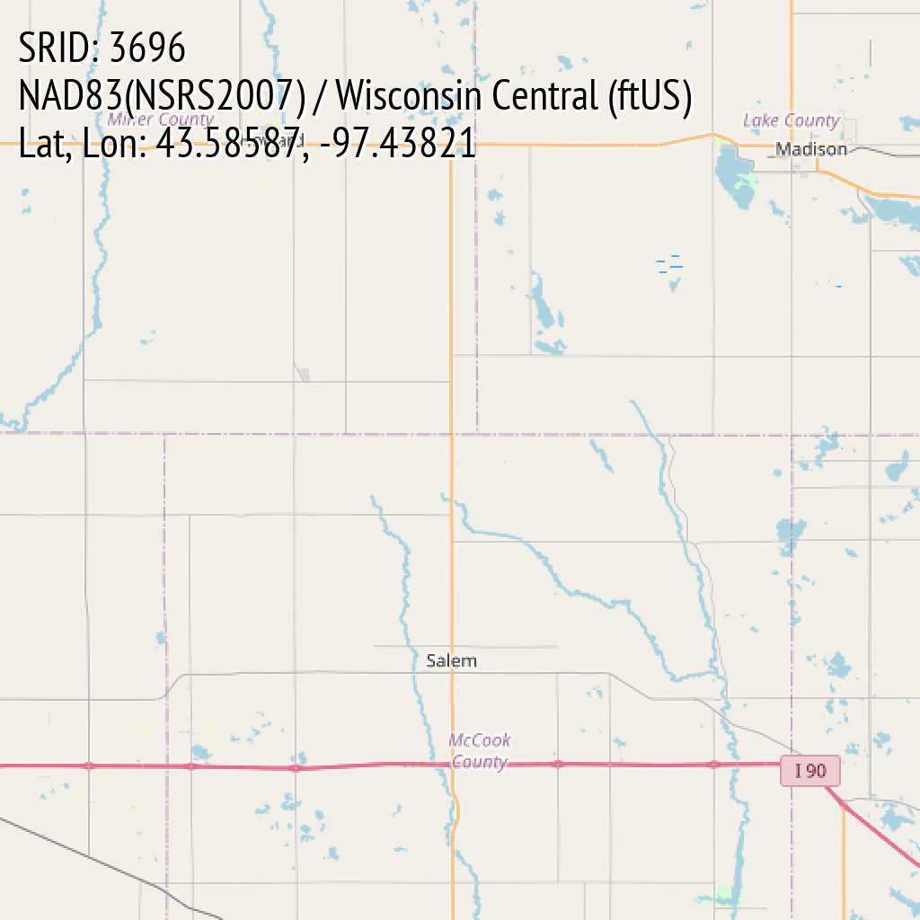 NAD83(NSRS2007) / Wisconsin Central (ftUS) (SRID: 3696, Lat, Lon: 43.58587, -97.43821)