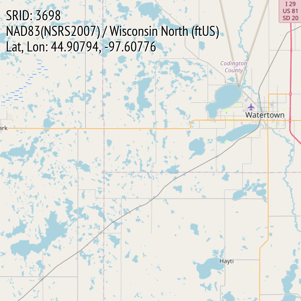 NAD83(NSRS2007) / Wisconsin North (ftUS) (SRID: 3698, Lat, Lon: 44.90794, -97.60776)