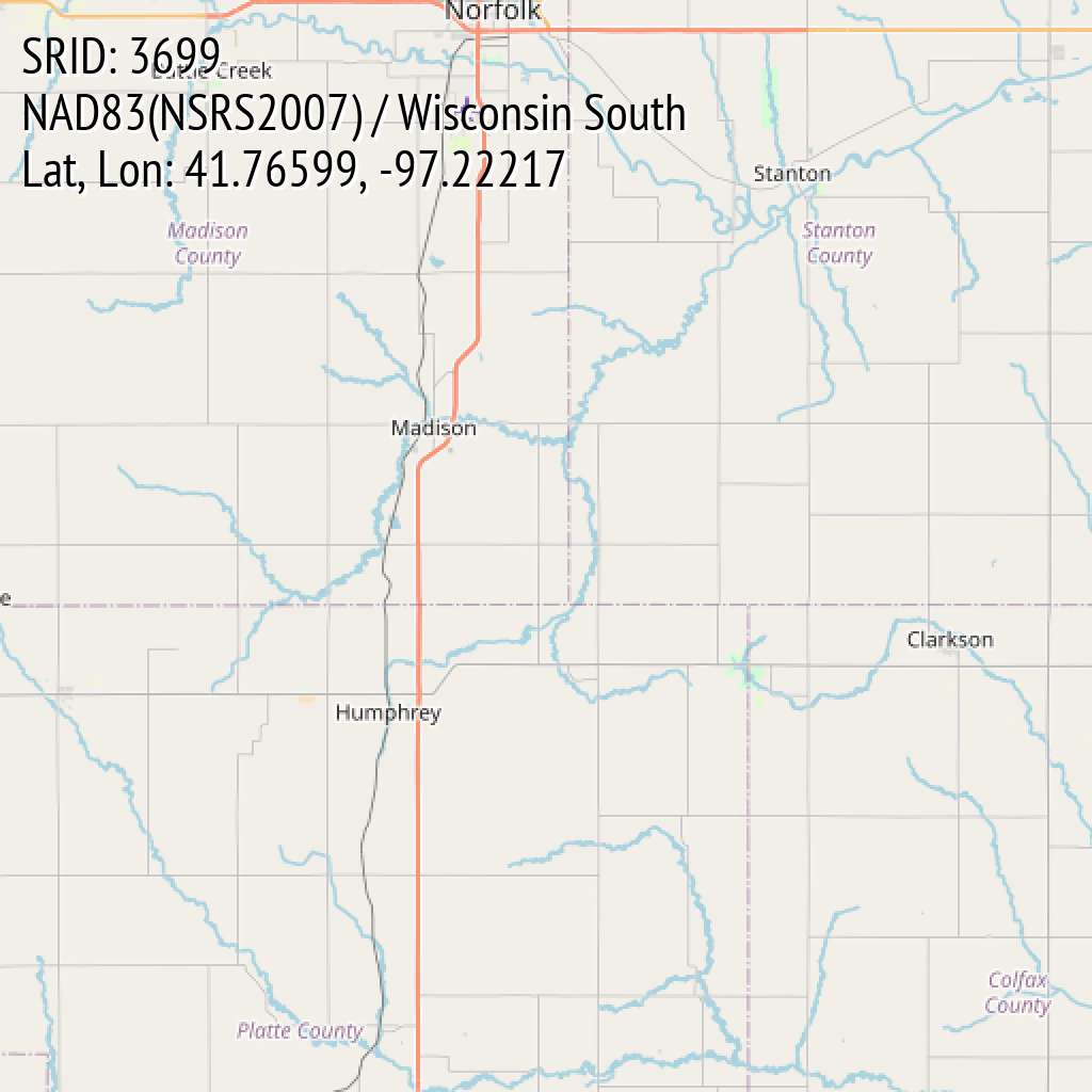 NAD83(NSRS2007) / Wisconsin South (SRID: 3699, Lat, Lon: 41.76599, -97.22217)