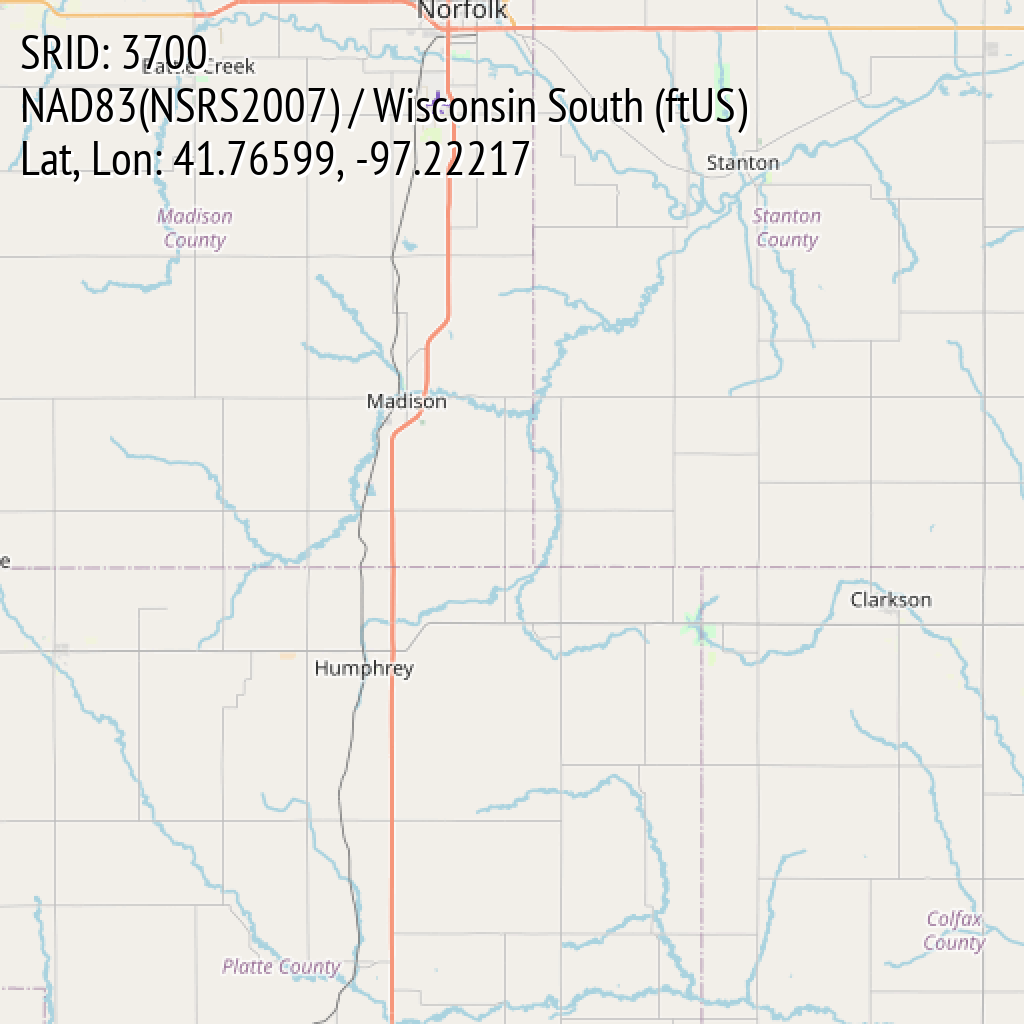 NAD83(NSRS2007) / Wisconsin South (ftUS) (SRID: 3700, Lat, Lon: 41.76599, -97.22217)