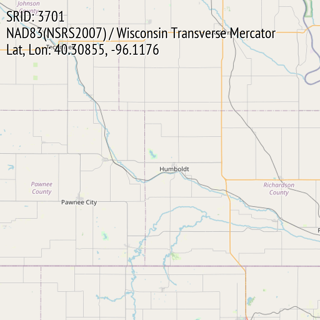 NAD83(NSRS2007) / Wisconsin Transverse Mercator (SRID: 3701, Lat, Lon: 40.30855, -96.1176)
