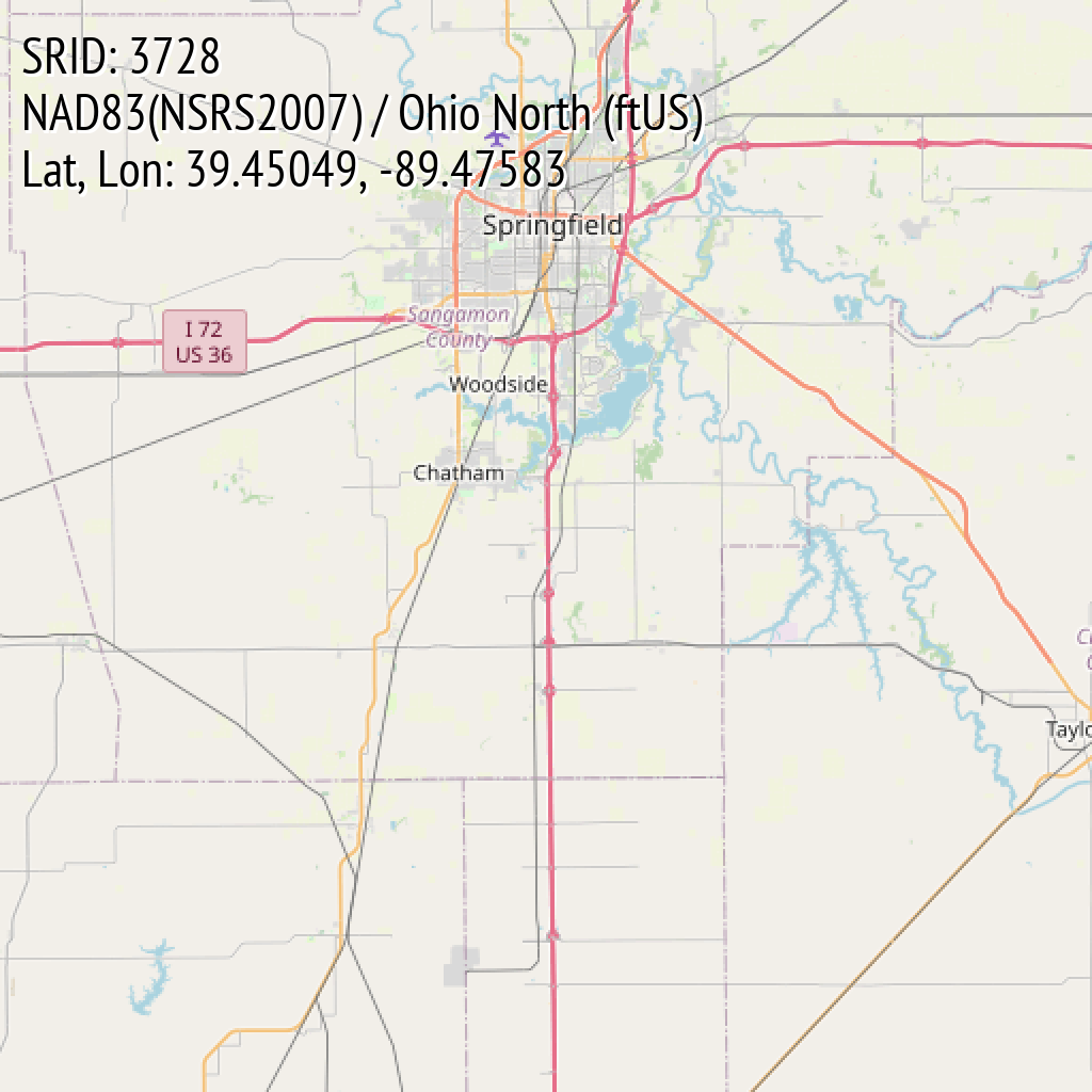 NAD83(NSRS2007) / Ohio North (ftUS) (SRID: 3728, Lat, Lon: 39.45049, -89.47583)