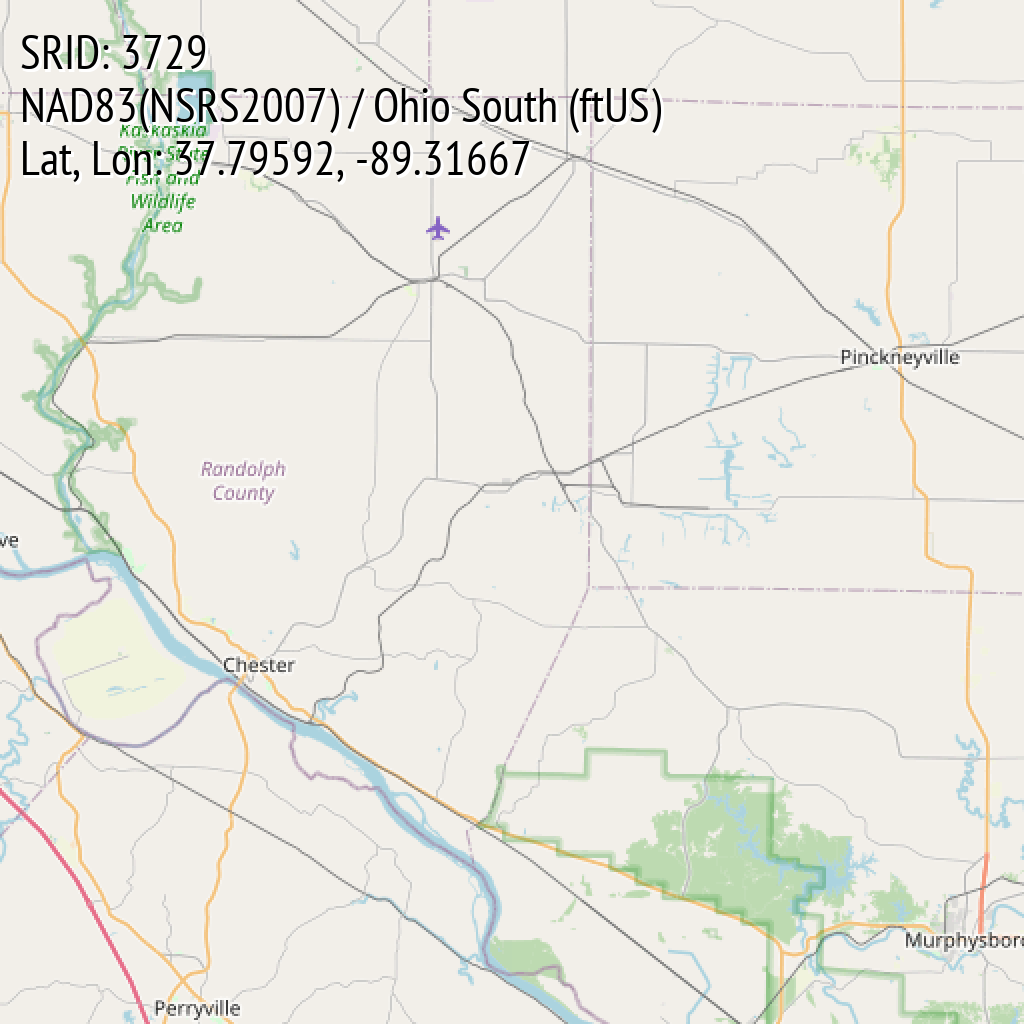 NAD83(NSRS2007) / Ohio South (ftUS) (SRID: 3729, Lat, Lon: 37.79592, -89.31667)