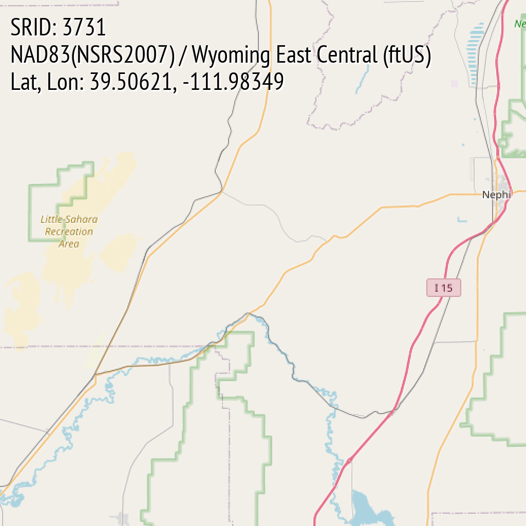 NAD83(NSRS2007) / Wyoming East Central (ftUS) (SRID: 3731, Lat, Lon: 39.50621, -111.98349)