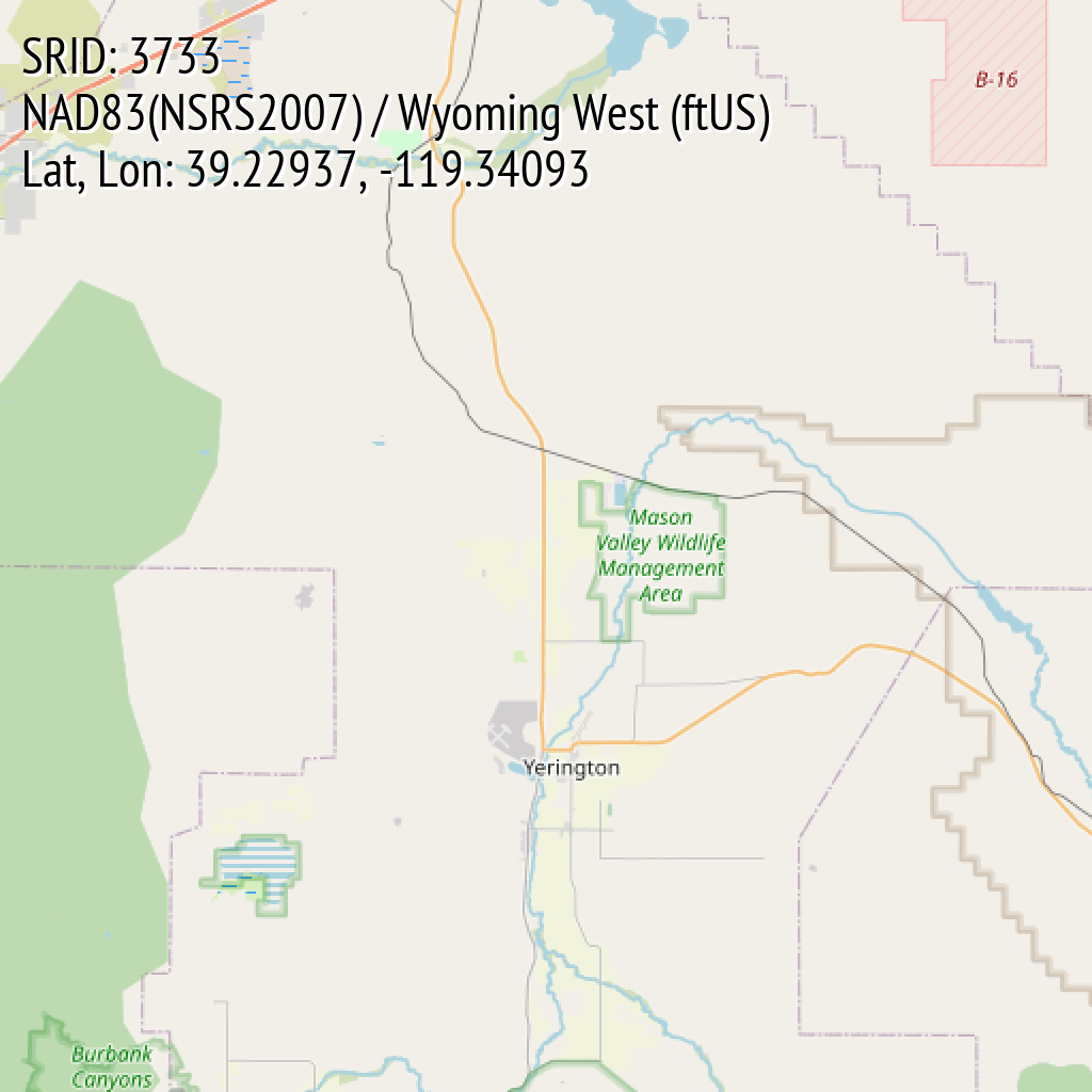 NAD83(NSRS2007) / Wyoming West (ftUS) (SRID: 3733, Lat, Lon: 39.22937, -119.34093)