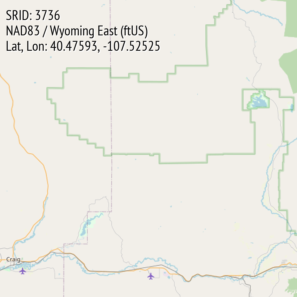 NAD83 / Wyoming East (ftUS) (SRID: 3736, Lat, Lon: 40.47593, -107.52525)