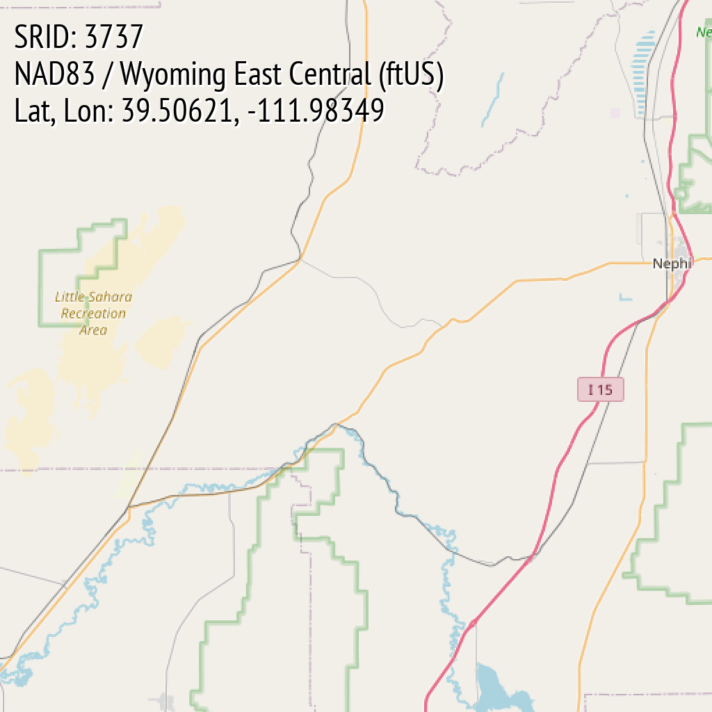 NAD83 / Wyoming East Central (ftUS) (SRID: 3737, Lat, Lon: 39.50621, -111.98349)