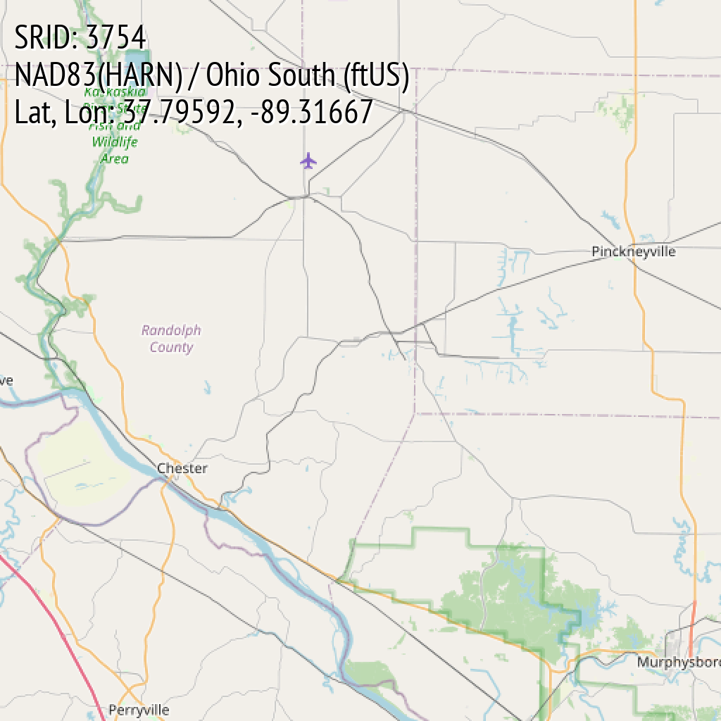 NAD83(HARN) / Ohio South (ftUS) (SRID: 3754, Lat, Lon: 37.79592, -89.31667)