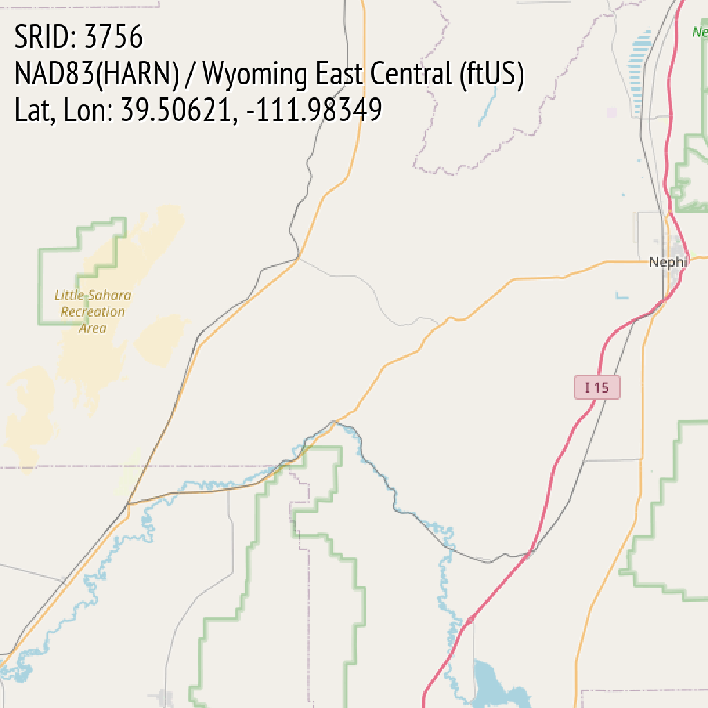 NAD83(HARN) / Wyoming East Central (ftUS) (SRID: 3756, Lat, Lon: 39.50621, -111.98349)