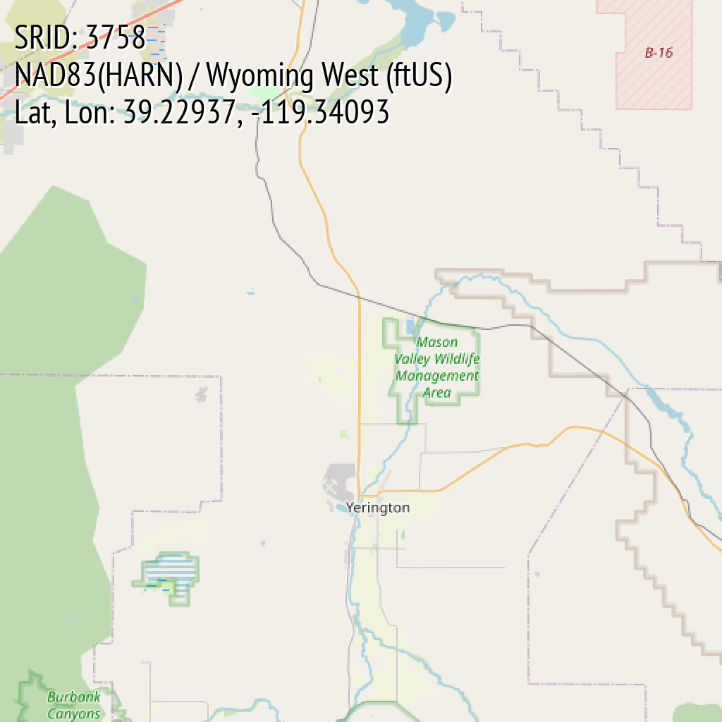 NAD83(HARN) / Wyoming West (ftUS) (SRID: 3758, Lat, Lon: 39.22937, -119.34093)