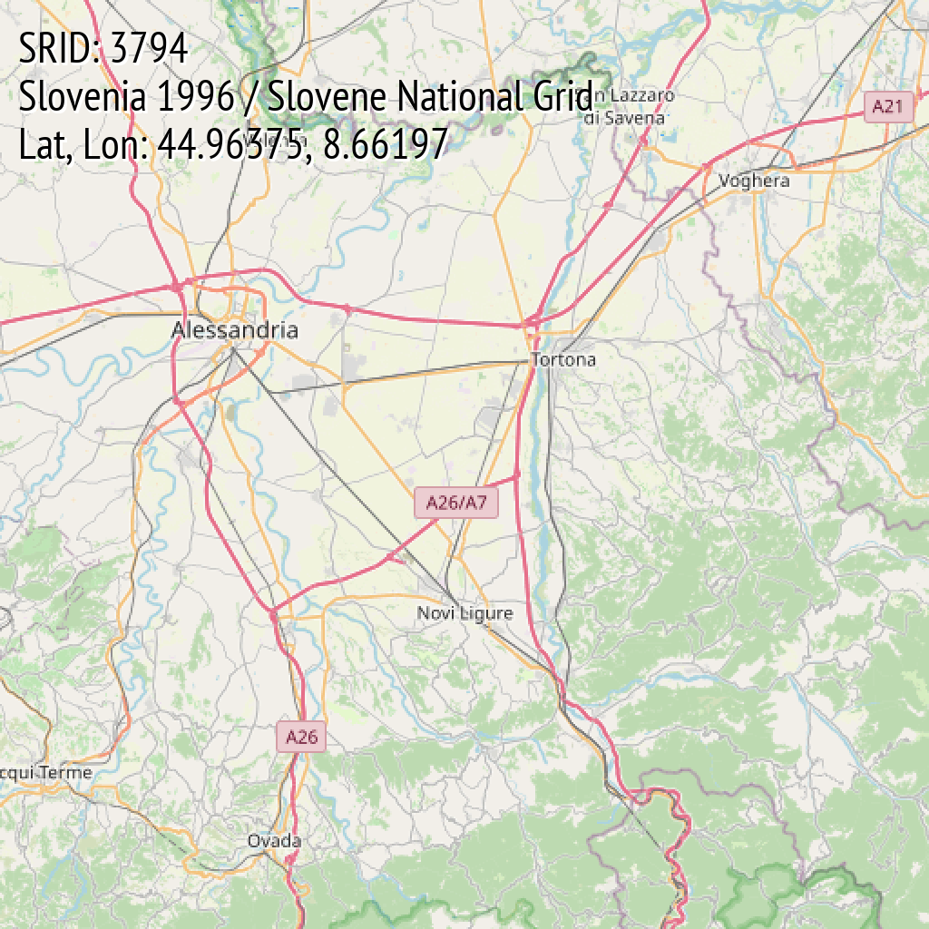 Slovenia 1996 / Slovene National Grid (SRID: 3794, Lat, Lon: 44.96375, 8.66197)