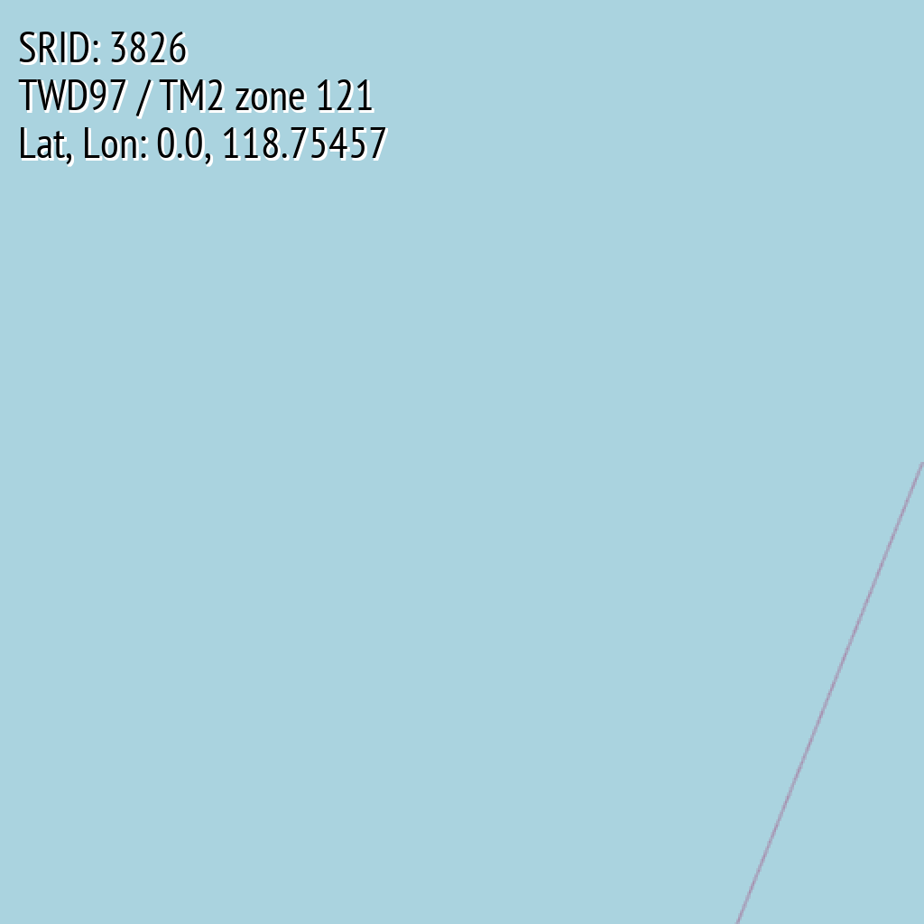 TWD97 / TM2 zone 121 (SRID: 3826, Lat, Lon: 0.0, 118.75457)
