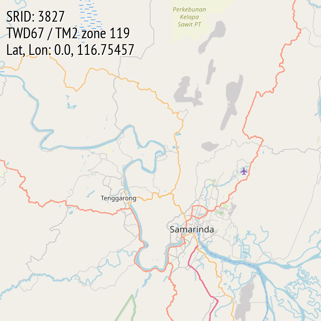 TWD67 / TM2 zone 119 (SRID: 3827, Lat, Lon: 0.0, 116.75457)