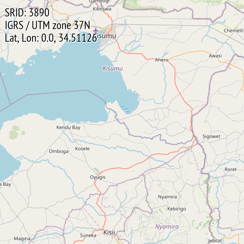 IGRS / UTM zone 37N (SRID: 3890, Lat, Lon: 0.0, 34.51126)