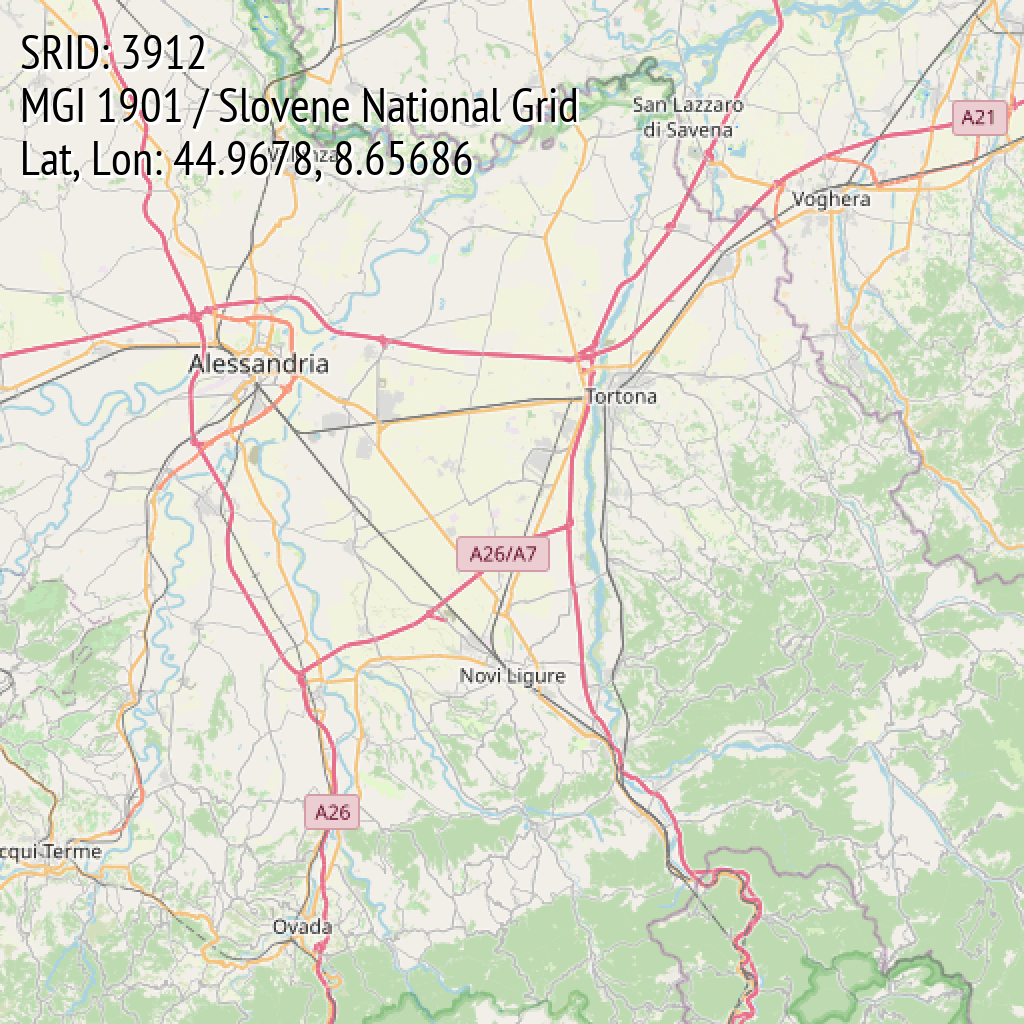 MGI 1901 / Slovene National Grid (SRID: 3912, Lat, Lon: 44.9678, 8.65686)