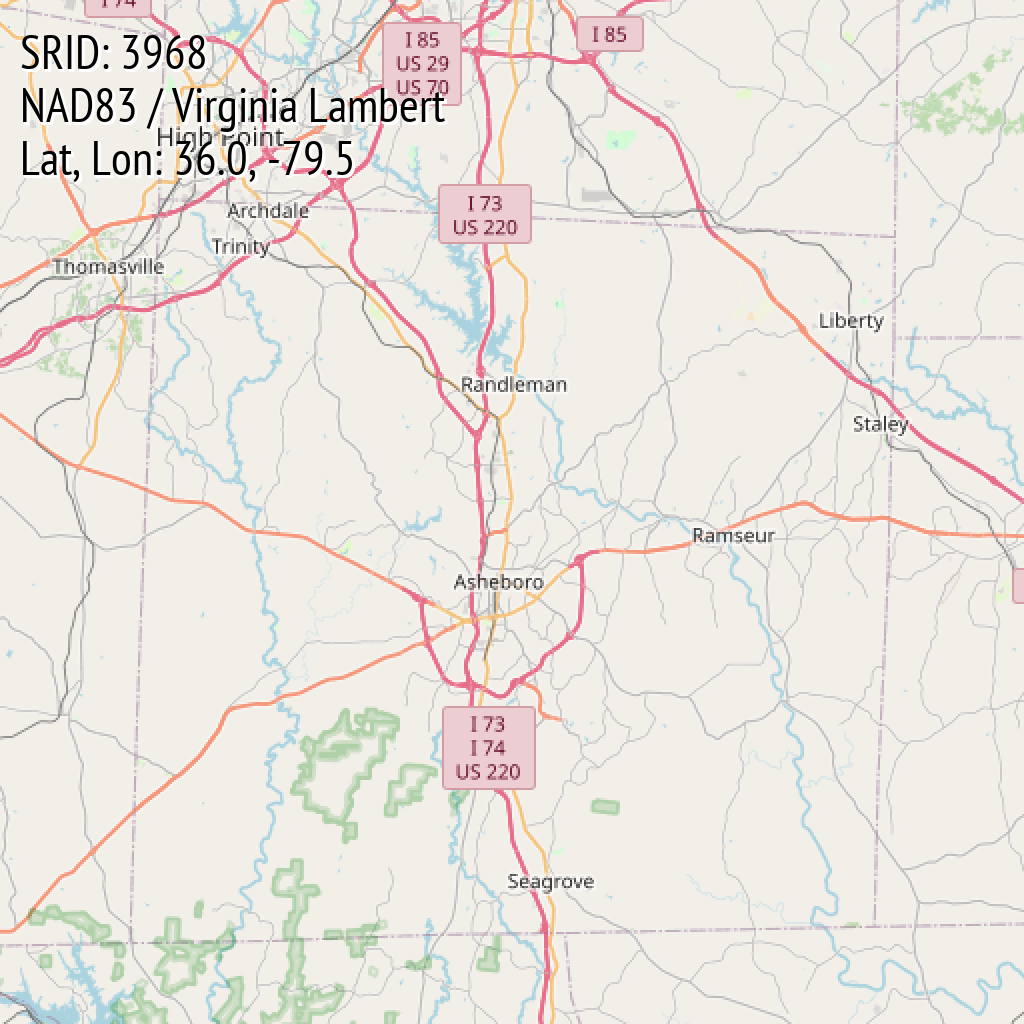 NAD83 / Virginia Lambert (SRID: 3968, Lat, Lon: 36.0, -79.5)