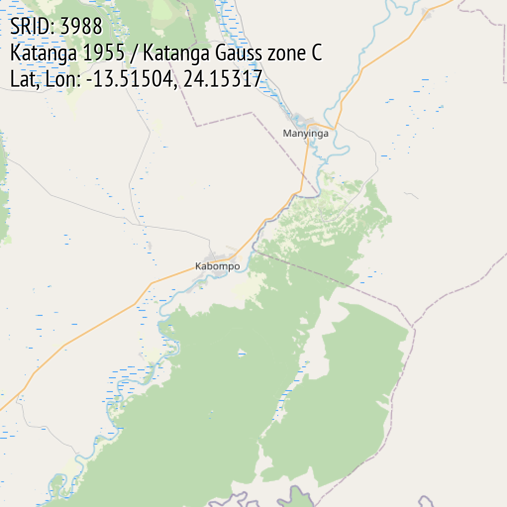 Katanga 1955 / Katanga Gauss zone C (SRID: 3988, Lat, Lon: -13.51504, 24.15317)