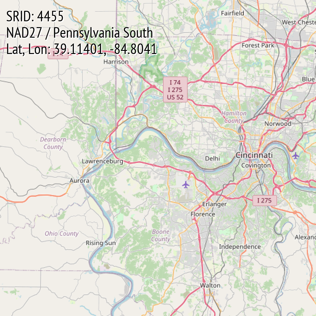 NAD27 / Pennsylvania South (SRID: 4455, Lat, Lon: 39.11401, -84.8041)