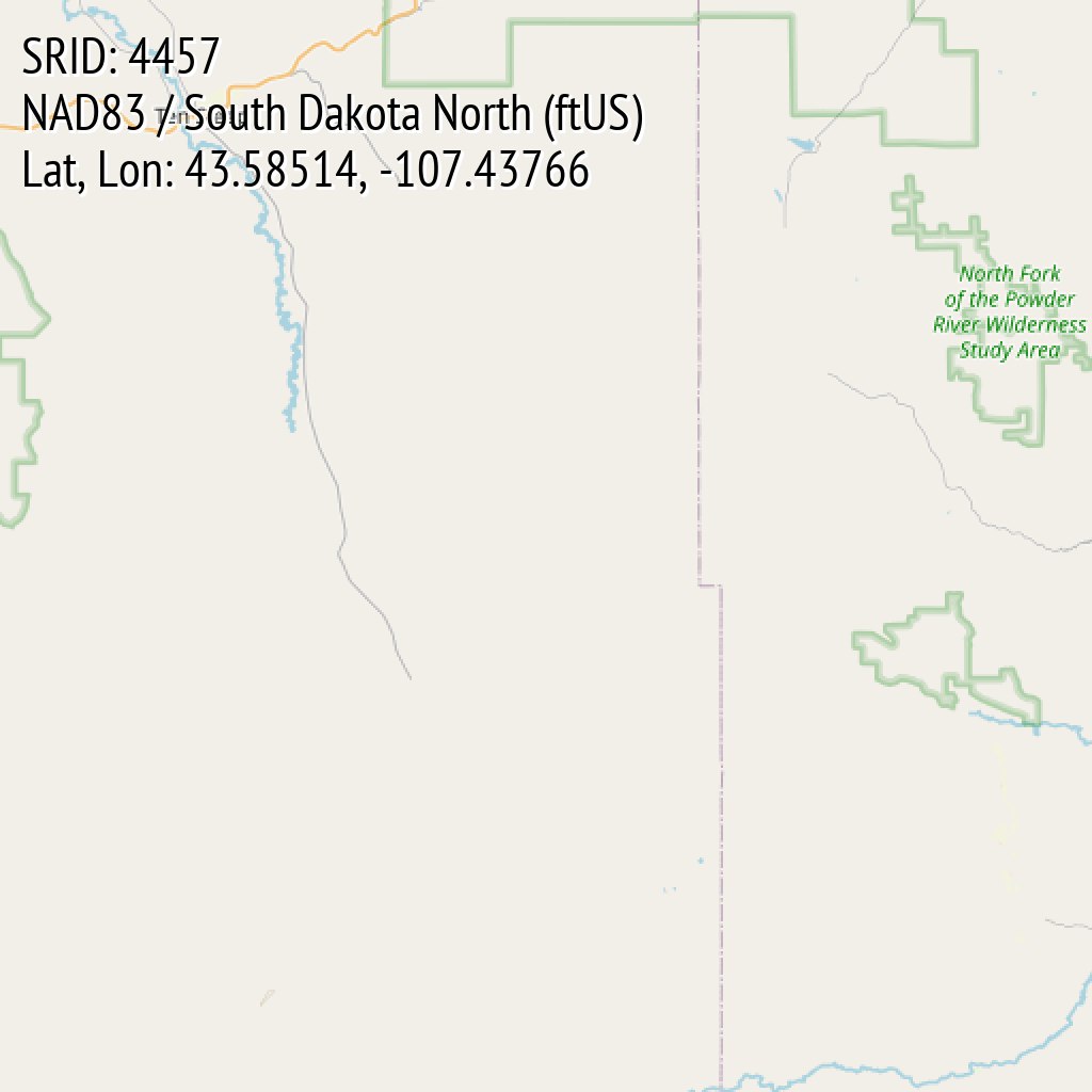 NAD83 / South Dakota North (ftUS) (SRID: 4457, Lat, Lon: 43.58514, -107.43766)