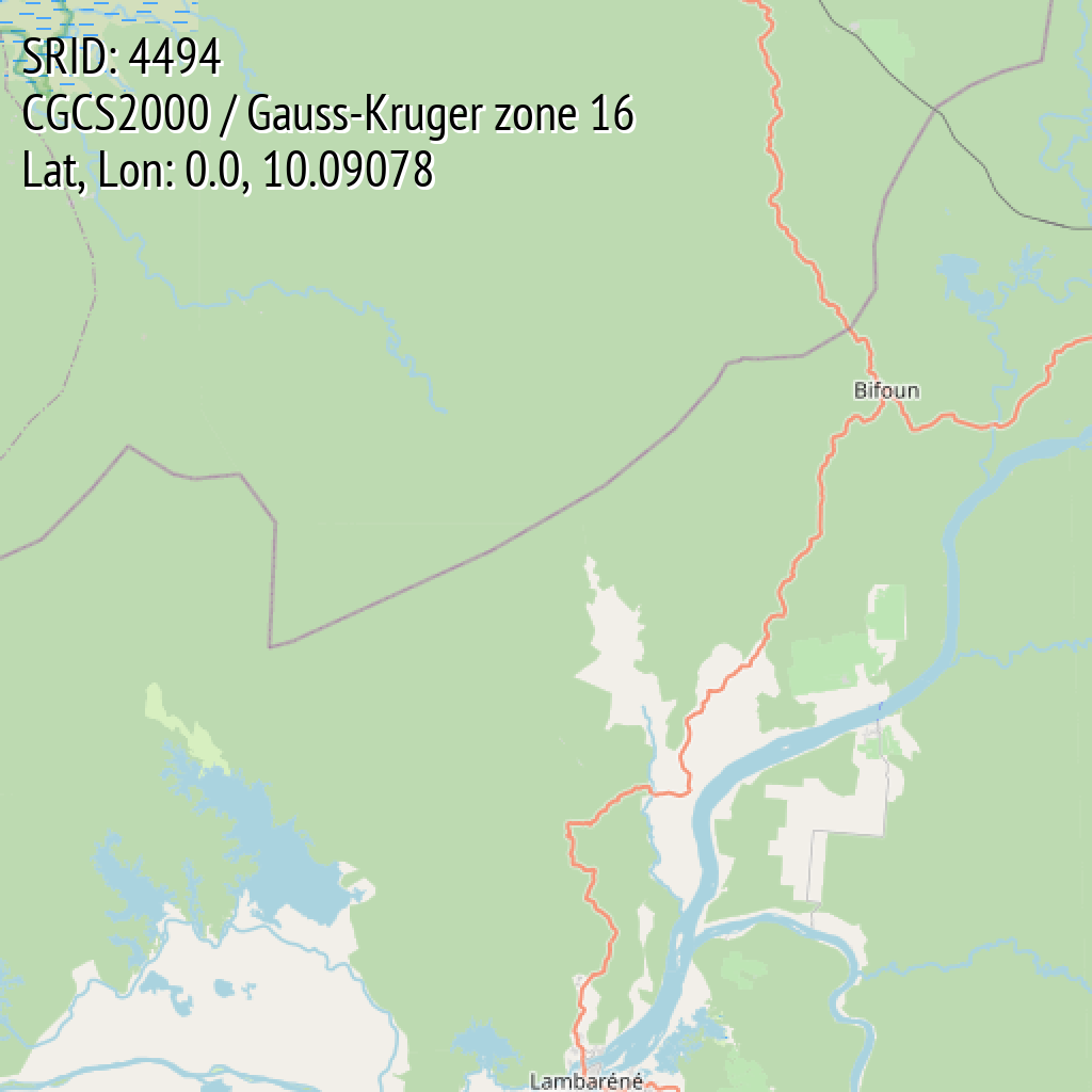 CGCS2000 / Gauss-Kruger zone 16 (SRID: 4494, Lat, Lon: 0.0, 10.09078)