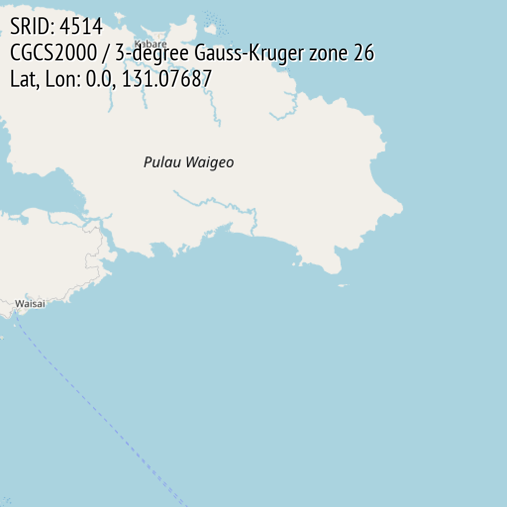 CGCS2000 / 3-degree Gauss-Kruger zone 26 (SRID: 4514, Lat, Lon: 0.0, 131.07687)