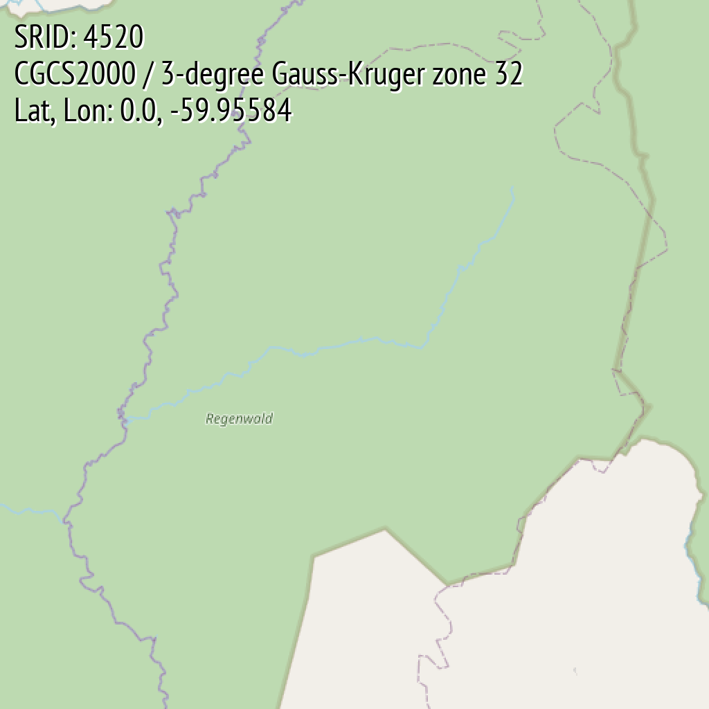 CGCS2000 / 3-degree Gauss-Kruger zone 32 (SRID: 4520, Lat, Lon: 0.0, -59.95584)