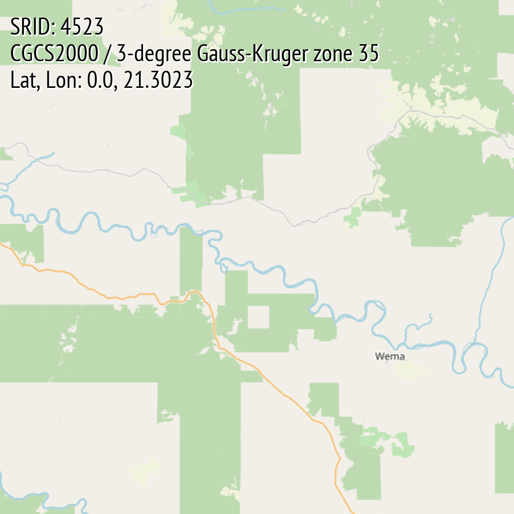 CGCS2000 / 3-degree Gauss-Kruger zone 35 (SRID: 4523, Lat, Lon: 0.0, 21.3023)