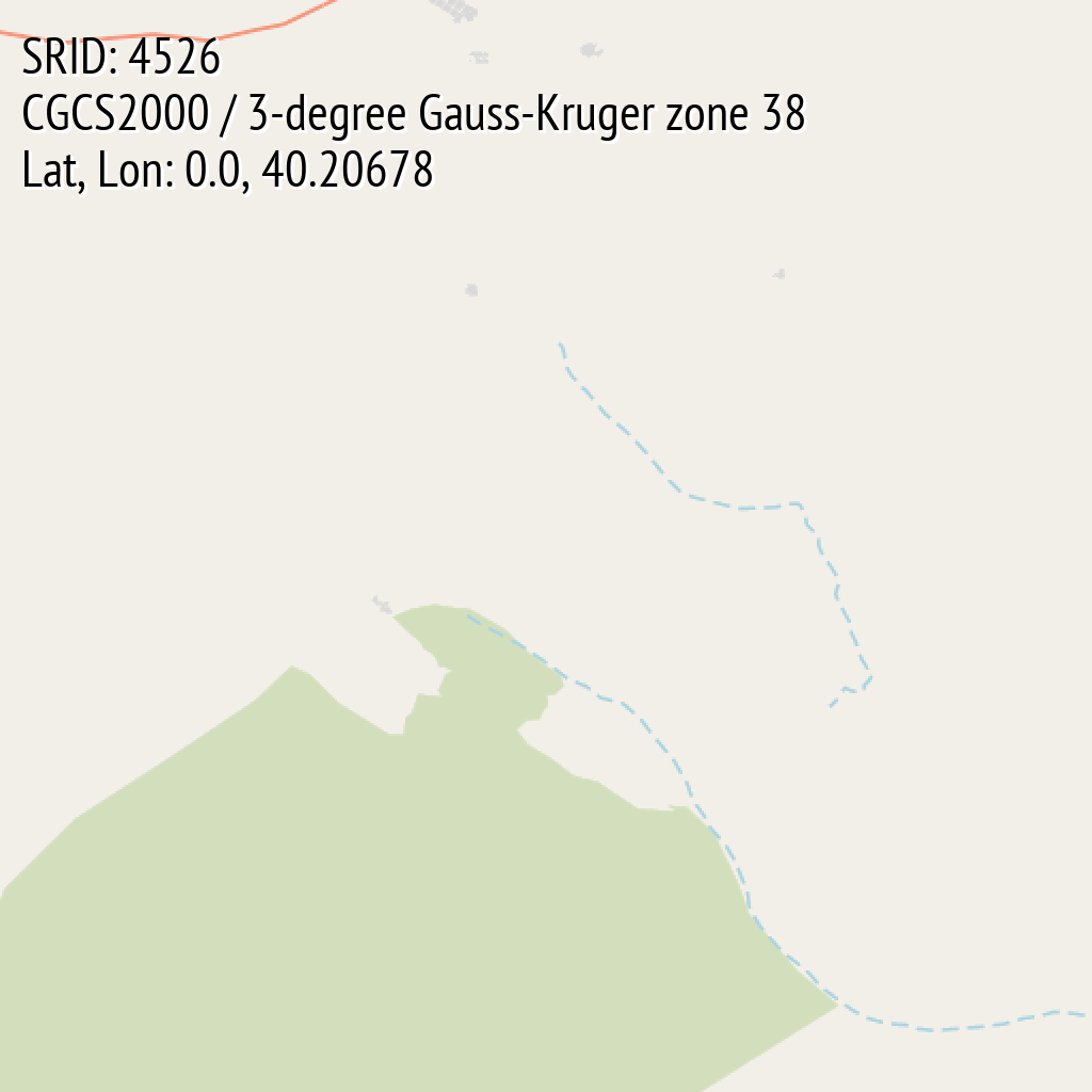 CGCS2000 / 3-degree Gauss-Kruger zone 38 (SRID: 4526, Lat, Lon: 0.0, 40.20678)