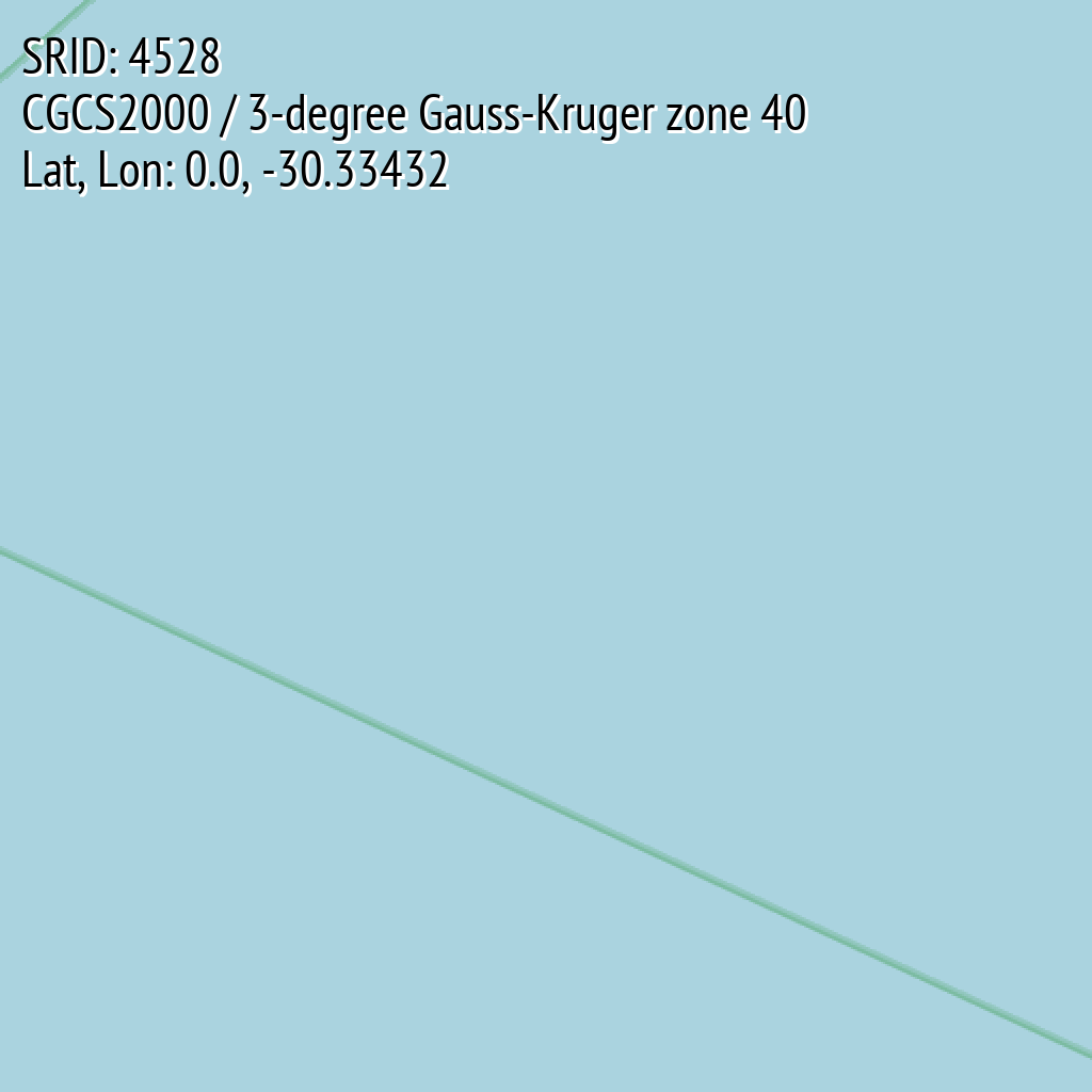 CGCS2000 / 3-degree Gauss-Kruger zone 40 (SRID: 4528, Lat, Lon: 0.0, -30.33432)