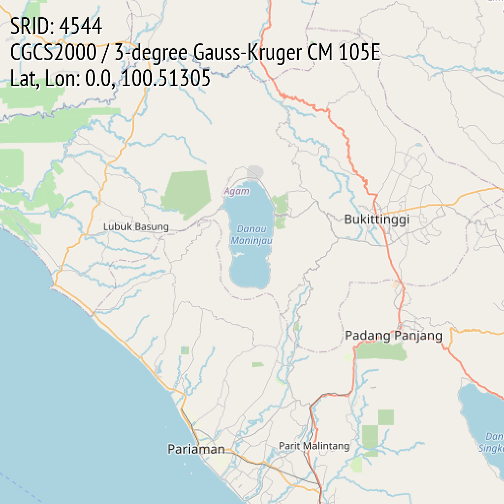 CGCS2000 / 3-degree Gauss-Kruger CM 105E (SRID: 4544, Lat, Lon: 0.0, 100.51305)