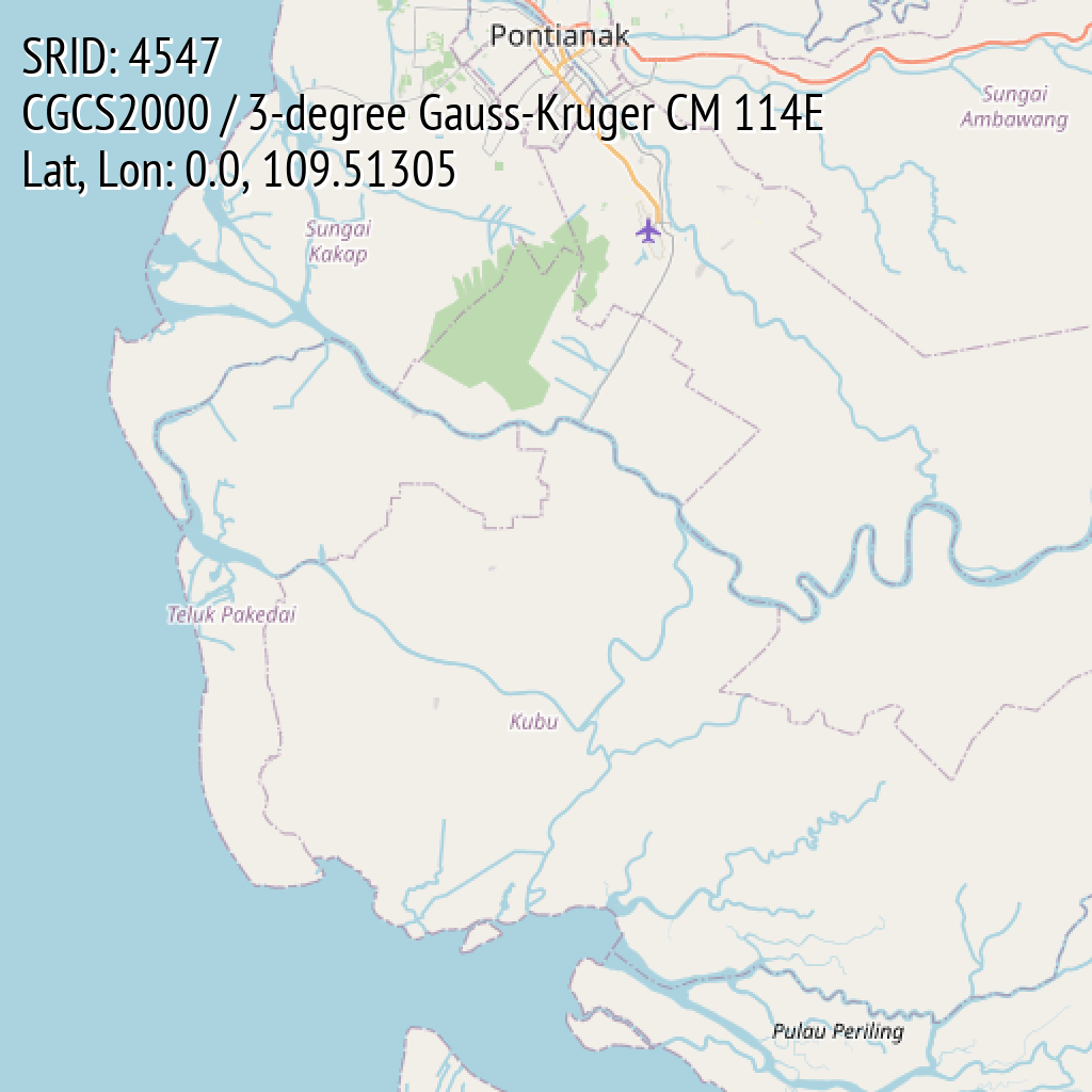 CGCS2000 / 3-degree Gauss-Kruger CM 114E (SRID: 4547, Lat, Lon: 0.0, 109.51305)