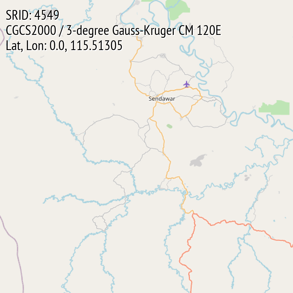 CGCS2000 / 3-degree Gauss-Kruger CM 120E (SRID: 4549, Lat, Lon: 0.0, 115.51305)