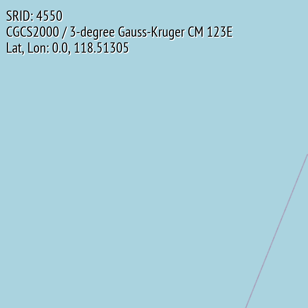 CGCS2000 / 3-degree Gauss-Kruger CM 123E (SRID: 4550, Lat, Lon: 0.0, 118.51305)