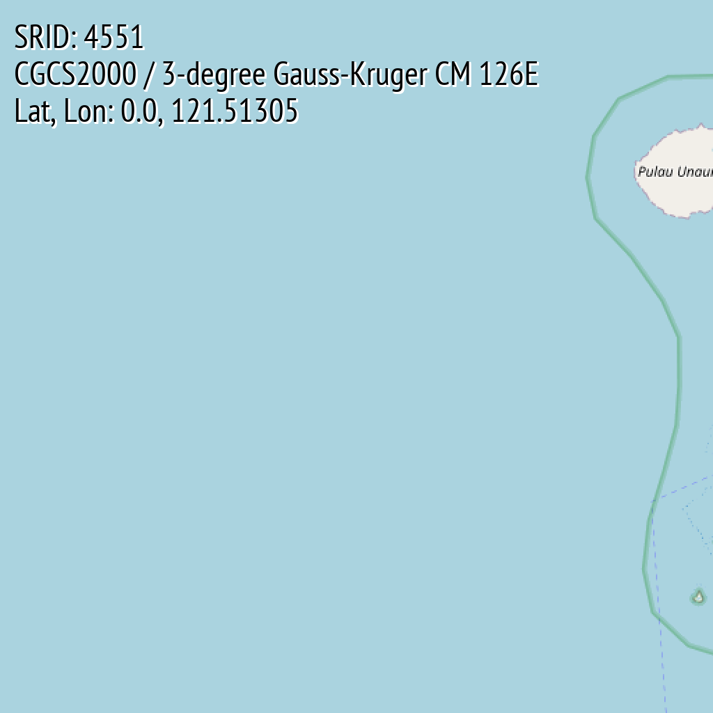 CGCS2000 / 3-degree Gauss-Kruger CM 126E (SRID: 4551, Lat, Lon: 0.0, 121.51305)