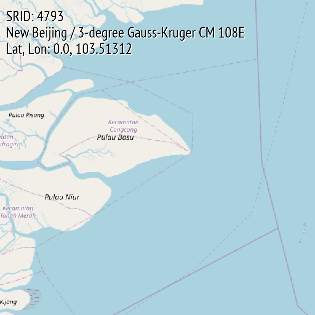New Beijing / 3-degree Gauss-Kruger CM 108E (SRID: 4793, Lat, Lon: 0.0, 103.51312)