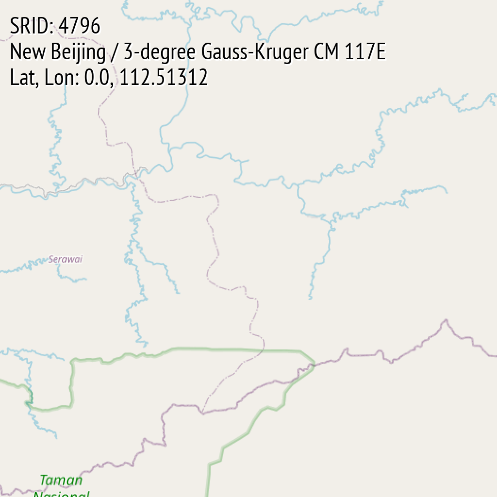 New Beijing / 3-degree Gauss-Kruger CM 117E (SRID: 4796, Lat, Lon: 0.0, 112.51312)