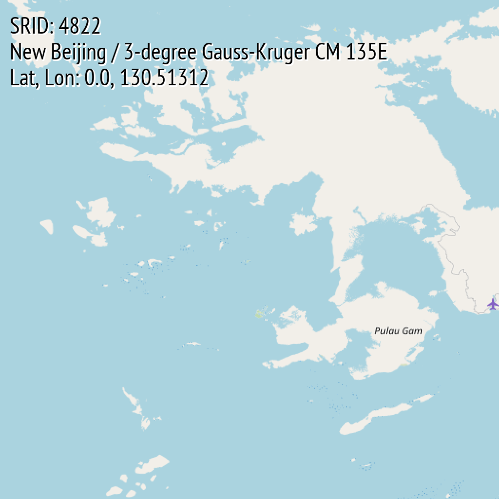 New Beijing / 3-degree Gauss-Kruger CM 135E (SRID: 4822, Lat, Lon: 0.0, 130.51312)